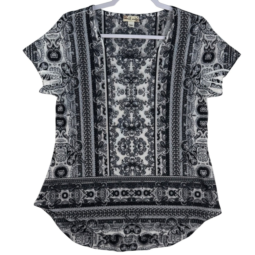 World‎ Unity Womens Black White Paisley Rhinestone Tunic Top Short Sleeve Size M